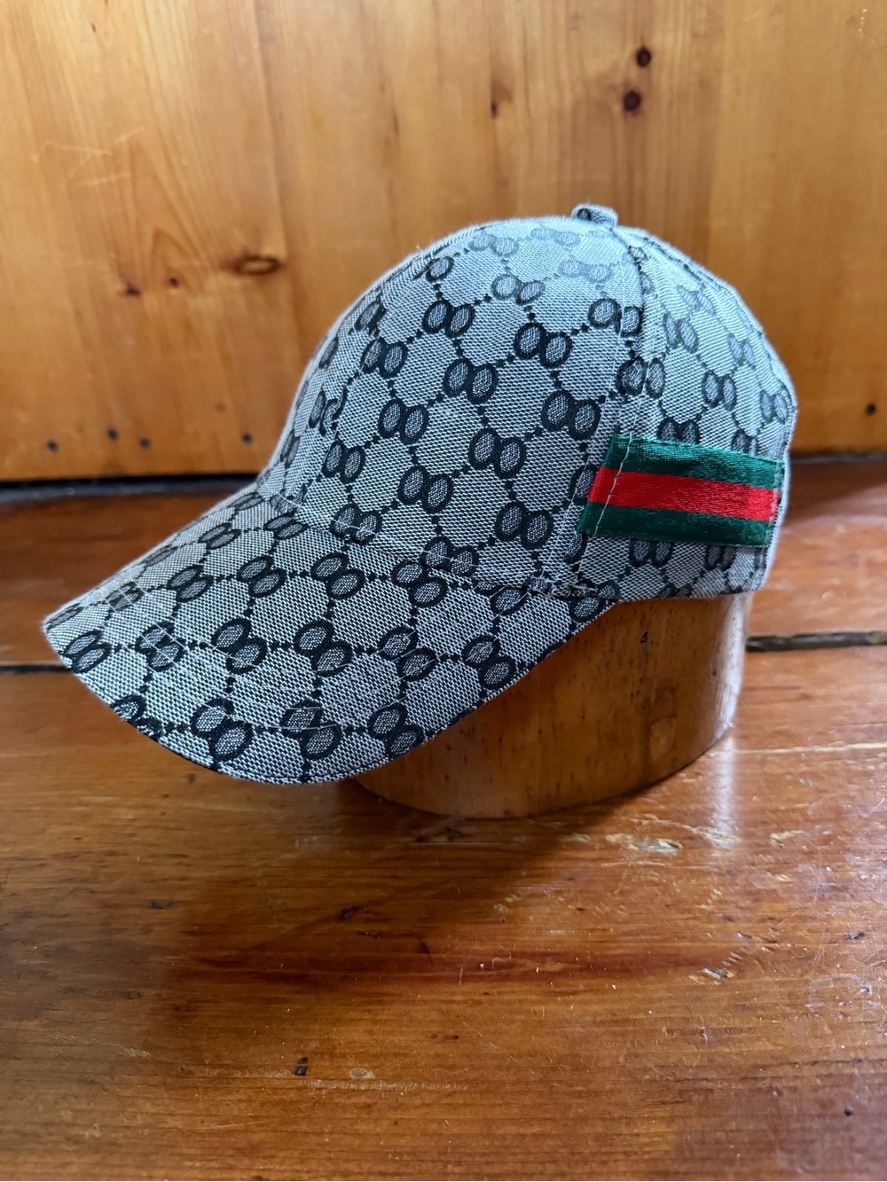 Designer-Inspired Gray Monogram Baseball Cap with Green & Red Accent